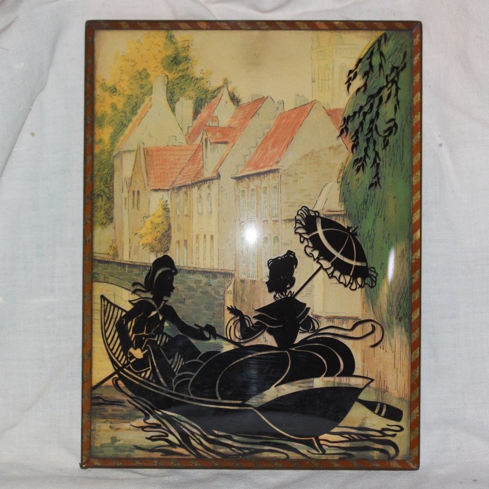 Vintage Convex Glass Reverse Painted Silhouette Metal Frame Man & Woman